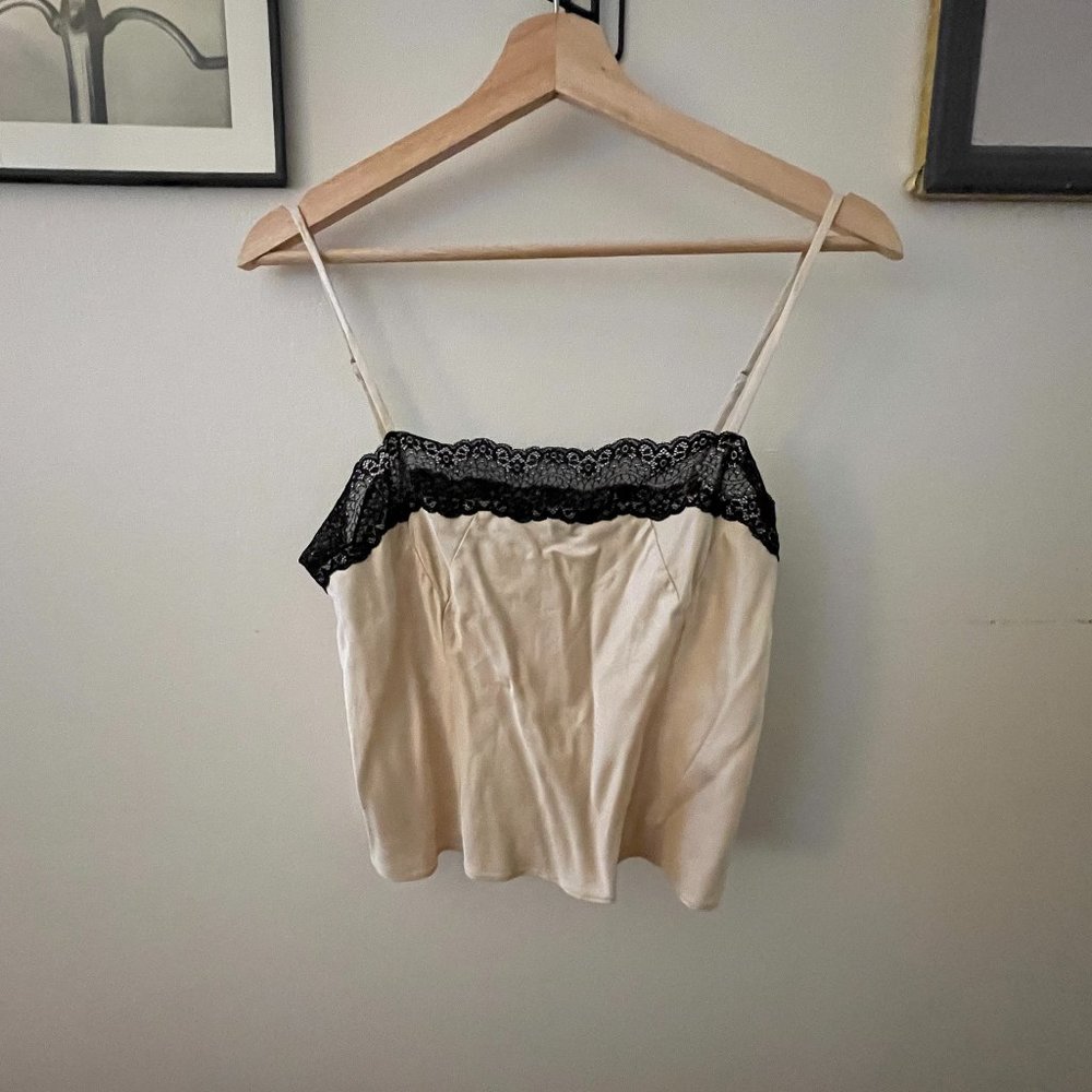 Staud Cream Silk Tank Top with Black Lace, Size M